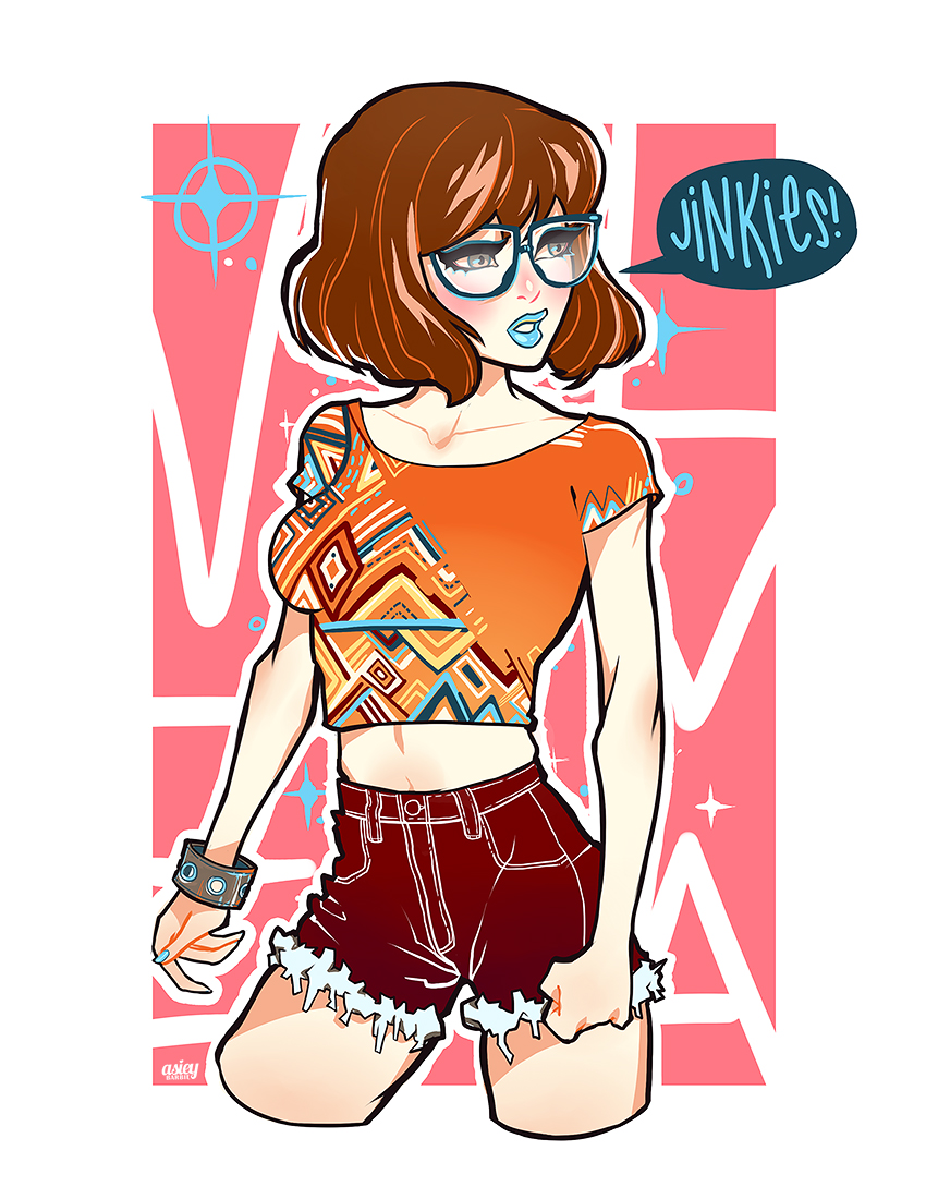 asia_kendrick-horton blue_lipstick blush bracelet breasts brown_hair casual clenched_hand collarbone contemporary cowboy_shot crop_top cropped_legs cutoffs glasses jewelry lipstick makeup medium_breasts midriff nail_polish orange_shirt scooby-doo shirt short_hair shorts solo velma_dace_dinkley