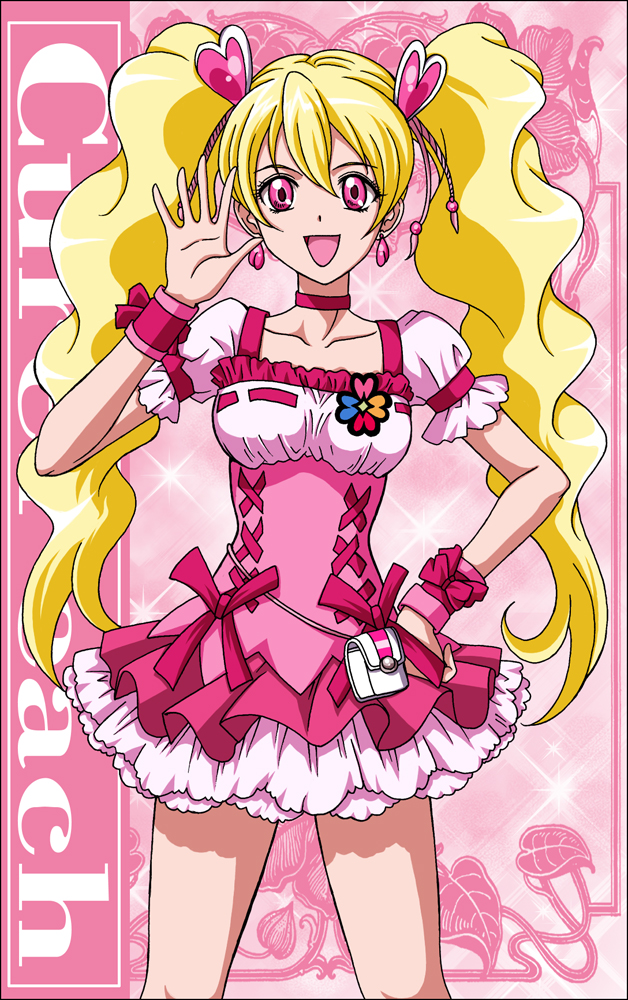 blonde_hair bow brooch character_name choker corset cure_peach earrings fresh_precure! hair_ornament hairpin hand_on_hip hanzou heart heart_hair_ornament jewelry long_hair magical_girl momozono_love pink_background pink_bow pink_choker pink_eyes precure ribbon skirt smile solo twintails wrist_cuffs