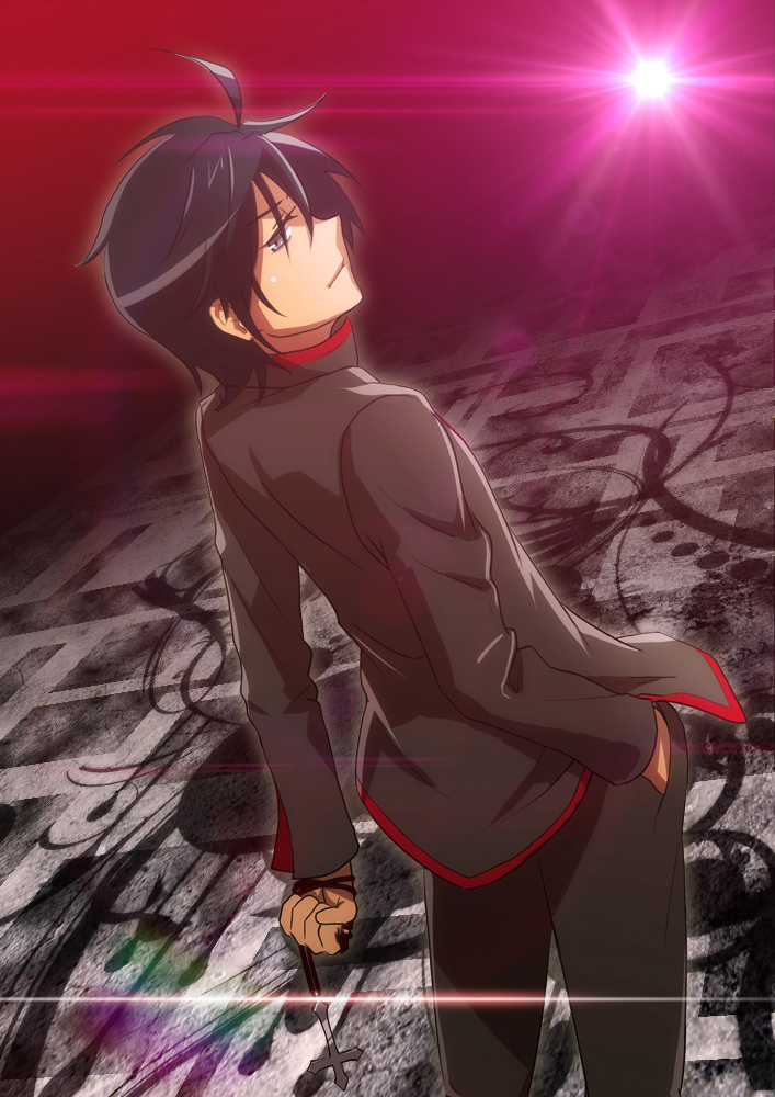 ahoge araragi_koyomi bakemonogatari black_hair cross gakuran light looking_back male_focus monogatari_(series) s.h.v school_uniform shadow solo