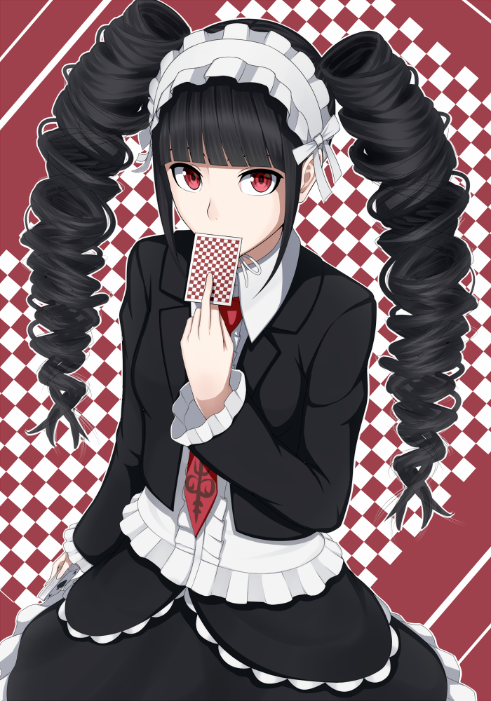 bad_id bad_pixiv_id black_hair card celestia_ludenberck covering_mouth danganronpa danganronpa_1 frills hairband heisei_yutorin lolita_hairband long_hair long_sleeves necktie red_eyes solo twintails