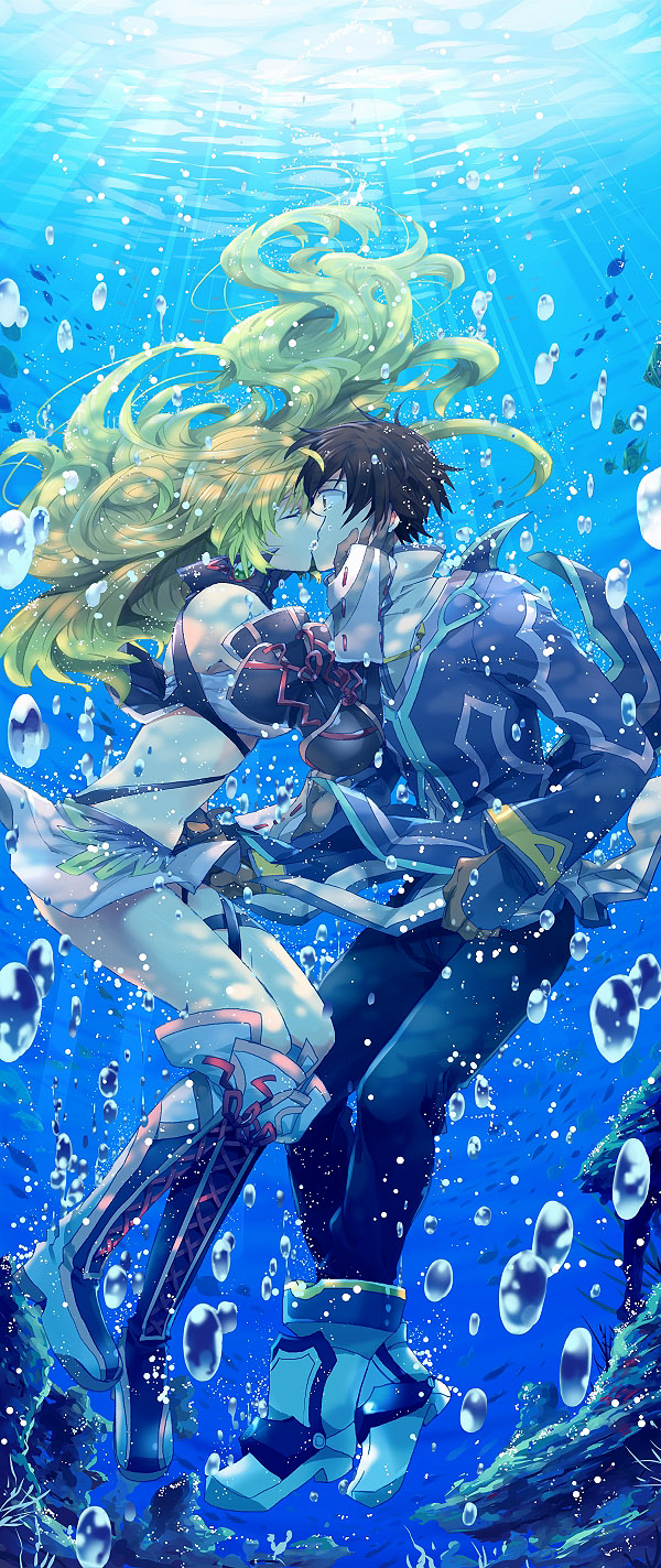 1girl bare_shoulders black_hair blonde_hair boots brown_eyes gloves highres jude_mathis kiss long_hair midriff milla_maxwell sinaooo tales_of_(series) tales_of_xillia underwater wet wet_clothes