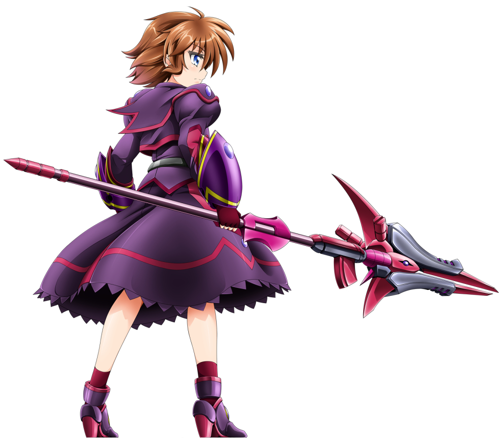 blue_eyes brown_hair character_name dress fingerless_gloves from_behind gloves kiriko_(takitsubo_massage) long_sleeves luciferion lyrical_nanoha magical_girl mahou_shoujo_lyrical_nanoha mahou_shoujo_lyrical_nanoha_a's mahou_shoujo_lyrical_nanoha_a's_portable:_the_battle_of_aces material-s puffy_sleeves short_hair solo white_background