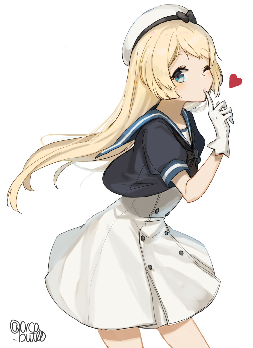 1girl bangs beret black_bow blonde_hair blue_eyes blue_sailor_collar blue_shirt blush bow buttons closed_mouth commentary_request dress eyebrows_visible_through_hair gloves hat heart highres index_finger_raised jervis_(kantai_collection) kantai_collection long_dress long_hair looking_at_viewer one_eye_closed puffy_short_sleeves puffy_sleeves sailor_collar shirt short_sleeves simple_background solo twitter_username very_long_hair white_background white_dress white_gloves white_hat yamashiki_(orca_buteo)