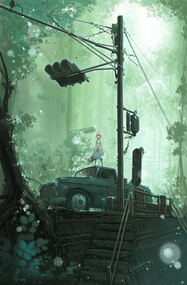 animal_ears blonde_hair blurry bokeh depth_of_field dress forest fox_tail green ground_vehicle looking_at_viewer mask motor_vehicle nabana nature original overgrown pole railing roots scenery short_hair solo stairs standing tail traffic_light tree truck