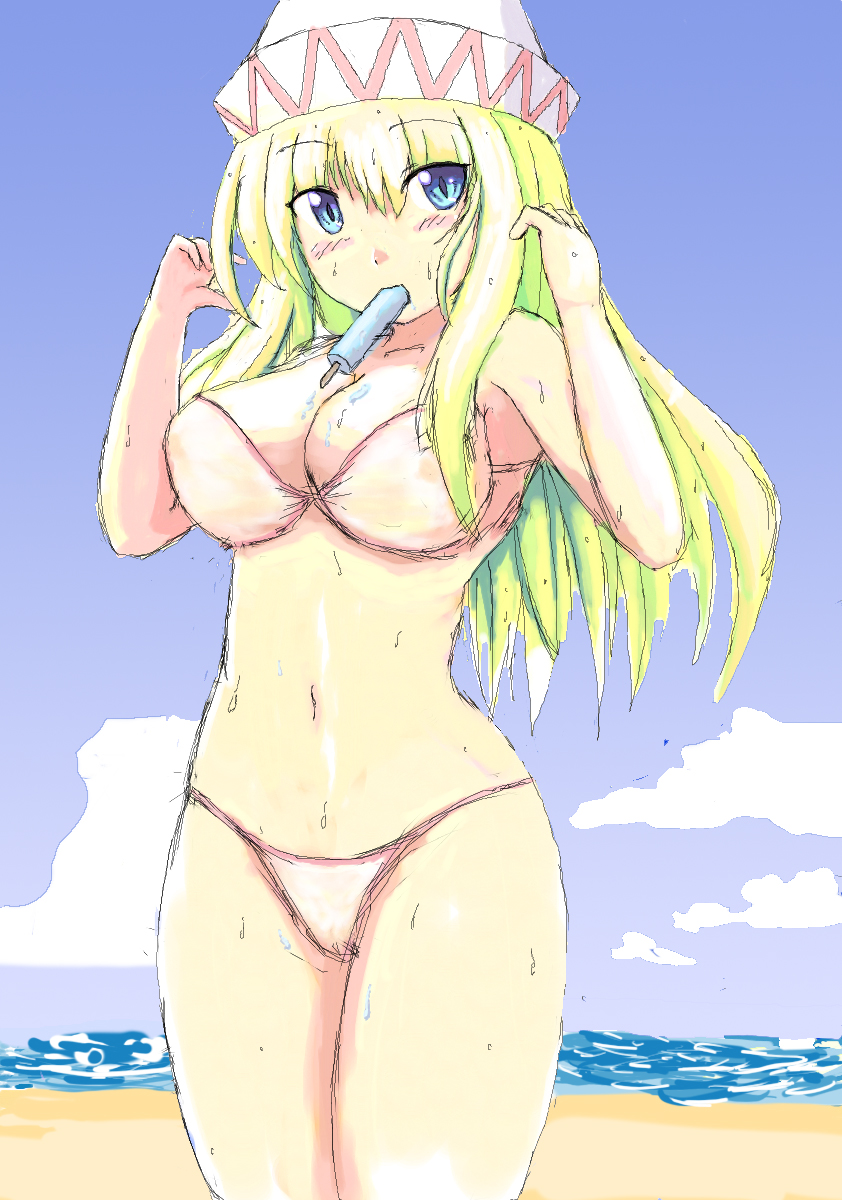 beach bikini blonde_hair blue_eyes blush breasts day food hat highres ice_cream large_breasts lily_white long_hair looking_at_viewer mouth_hold navel popsicle shiny shiny_skin sketch solo swimsuit touhou water wet yo!_(amaysenso)