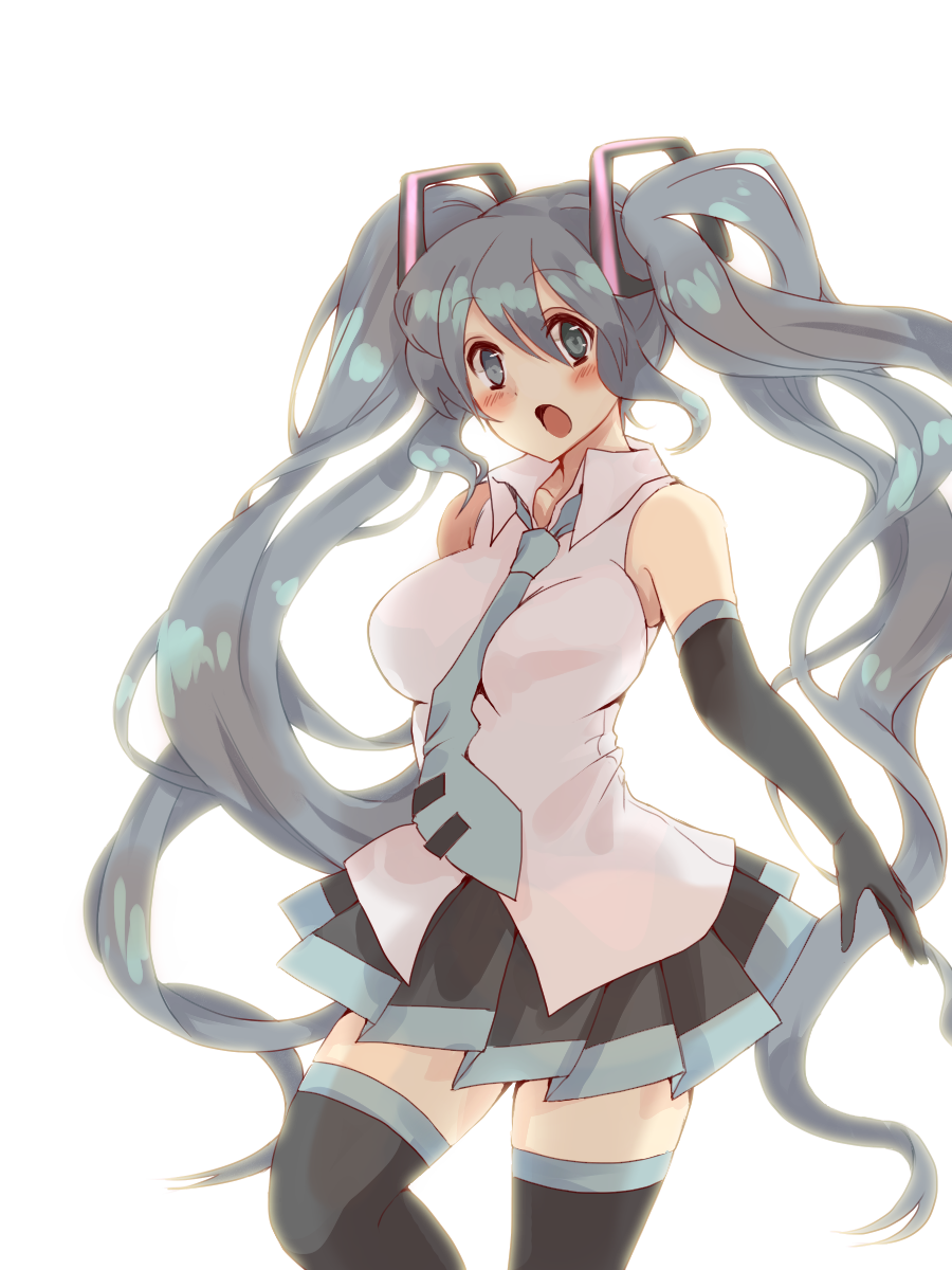 blush elbow_gloves gloves hatsune_miku highres long_hair necktie open_mouth rattorun skirt solo thighhighs twintails very_long_hair vocaloid white_background