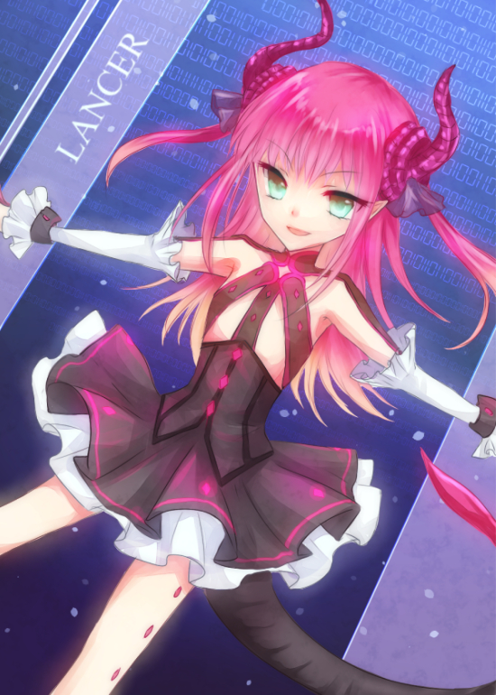 blue_eyes detached_sleeves dress elizabeth_bathory_(fate) elizabeth_bathory_(fate)_(all) fate/extra fate/extra_ccc fate_(series) horns long_hair pink_hair pointy_ears snow-noise solo tail two_side_up