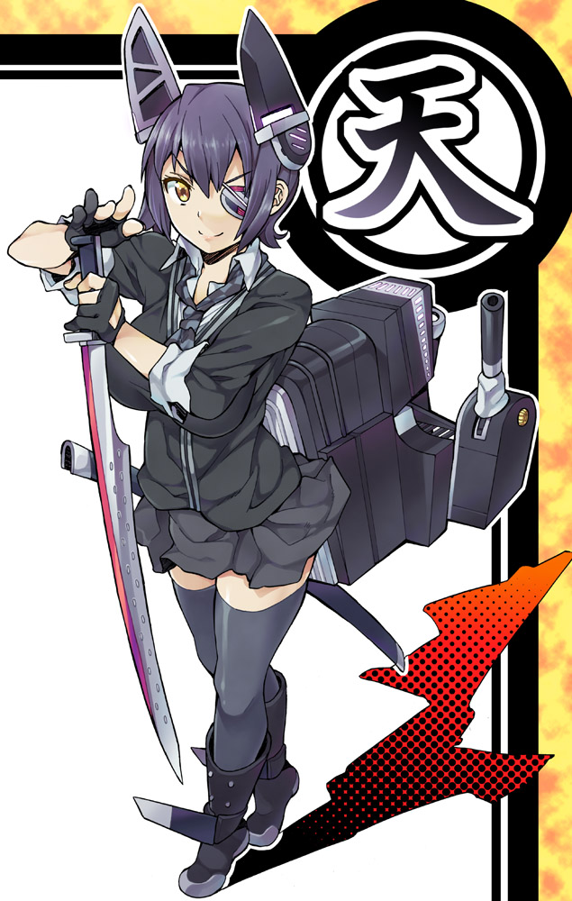 bad_id bad_pixiv_id black_gloves blue_hair boots breasts brown_eyes cardigan checkered checkered_neckwear eyepatch fingerless_gloves gloves headgear kantai_collection medium_breasts nayu_(s_tamaki) necktie reverse_grip scabbard sheath short_hair skirt smile solo standing sword tenryuu_(kantai_collection) thighhighs translated weapon