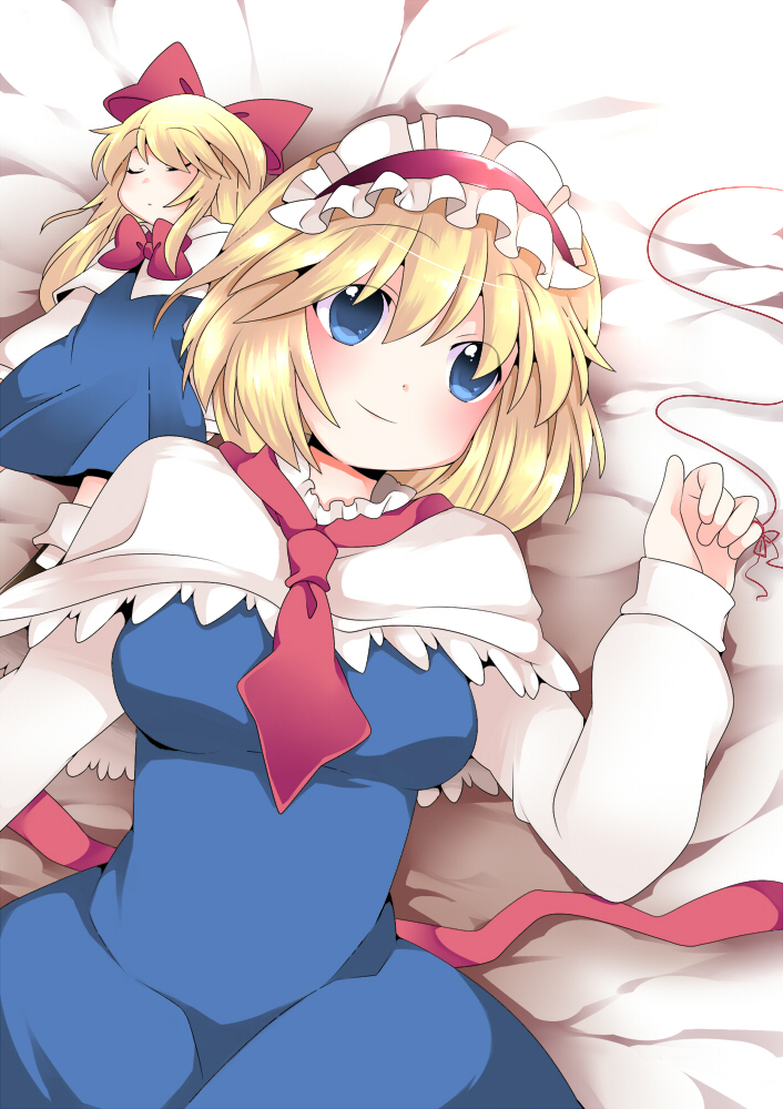 alice_margatroid ascot bad_id bad_pixiv_id bed blonde_hair blue_dress blue_eyes blush bow breasts capelet closed_eyes doll dress hair_bow hairband hammer_(sunset_beach) long_hair long_sleeves looking_at_viewer lying medium_breasts on_back on_bed red_string ribbon sash shanghai_doll short_hair smile solo_focus string touhou