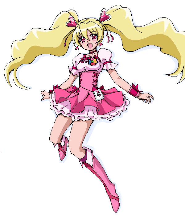 :d blonde_hair boots bow choker cure_peach fresh_precure! full_body hair_ornament heart heart_hair_ornament knee_boots long_hair momozono_love oekaki open_mouth pink_bow pink_choker pink_eyes pink_footwear precure simple_background smile solo turkey_min twintails white_background