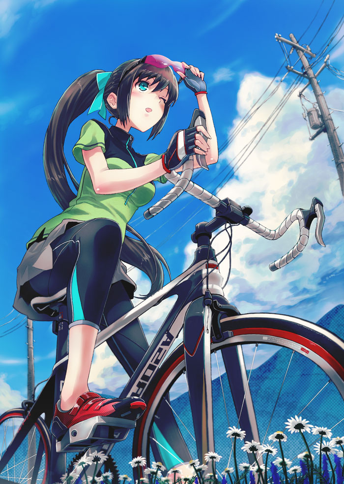40hara bicycle biker_clothes bikesuit black_hair blue_eyes blush cloud daisy day fingerless_gloves flower gloves ground_vehicle long_hair one_eye_closed original ponytail power_lines shoes skin_tight sky solo sunglasses