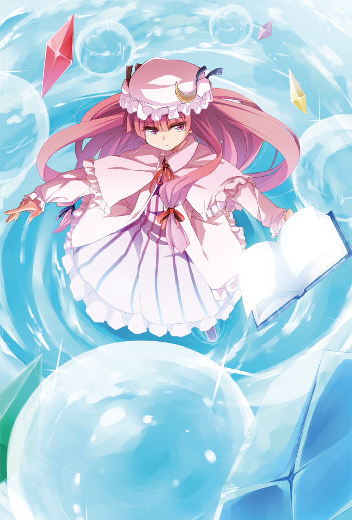 book bubble capelet coat crescent dress gem hair_ribbon hat long_hair long_sleeves looking_at_viewer nigo_(aozoragarou) open_clothes open_coat outstretched_arms patchouli_knowledge purple_dress purple_eyes ribbon solo striped striped_dress touhou tress_ribbon very_long_hair white_dress