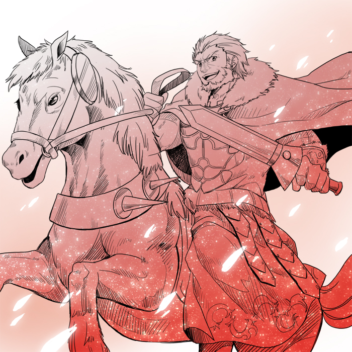 armor beard cape facial_hair fate/zero fate_(series) holiday-jin horse male_focus rider_(fate/zero) solo sword weapon
