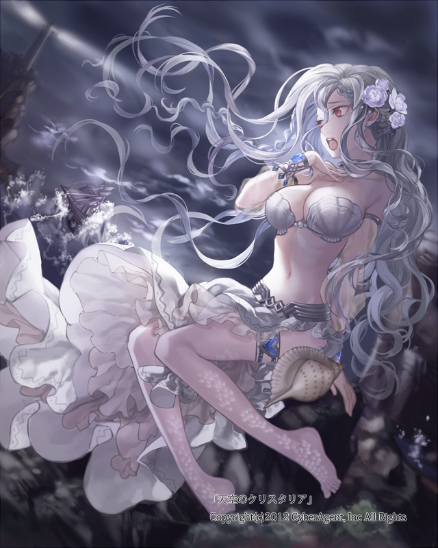 barefoot bra breasts cleavage flower hair_flower hair_ornament hand_on_own_chest large_breasts lighthouse long_hair midriff navel night night_sky open_mouth seashell_bra shell silver_hair sitting sky solo tenkuu_no_crystalia underwear ushi_(newrein) very_long_hair water watermark wind