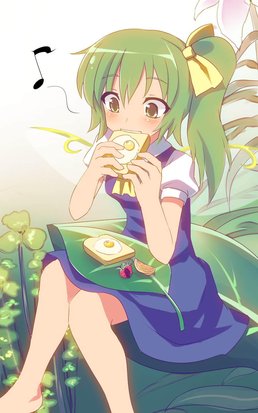 ascot bad_id bad_pixiv_id bread daiyousei dress dress_shirt eating egg_yolk eighth_note food food_in_mouth fruit green_eyes green_hair hair_ribbon highres leaf mouth_hold musical_note orange puffy_short_sleeves puffy_sleeves ribbon shirt short_hair short_sleeves side_ponytail sitting solo strawberry sudo_shinren toast toast_in_mouth touhou wings