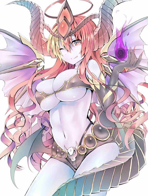 ;q breasts colorized demon_girl demon_wings fingernails fire gloves hera_(p&amp;d) horns jpeg_artifacts large_breasts long_fingernails one_eye_closed purple_fire puzzle_&amp;_dragons red_eyes red_hair succubus tail tongue tongue_out uko_magi wings