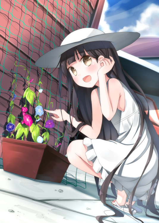 :d banned_artist black_hair brown_eyes cloud day dress dutch_angle flip-flops flower hat long_hair mirai_(macharge) morning_glory open_mouth original plant pointing potted_plant sandals sky smile solo squatting sun_hat sundress very_long_hair yellow_eyes