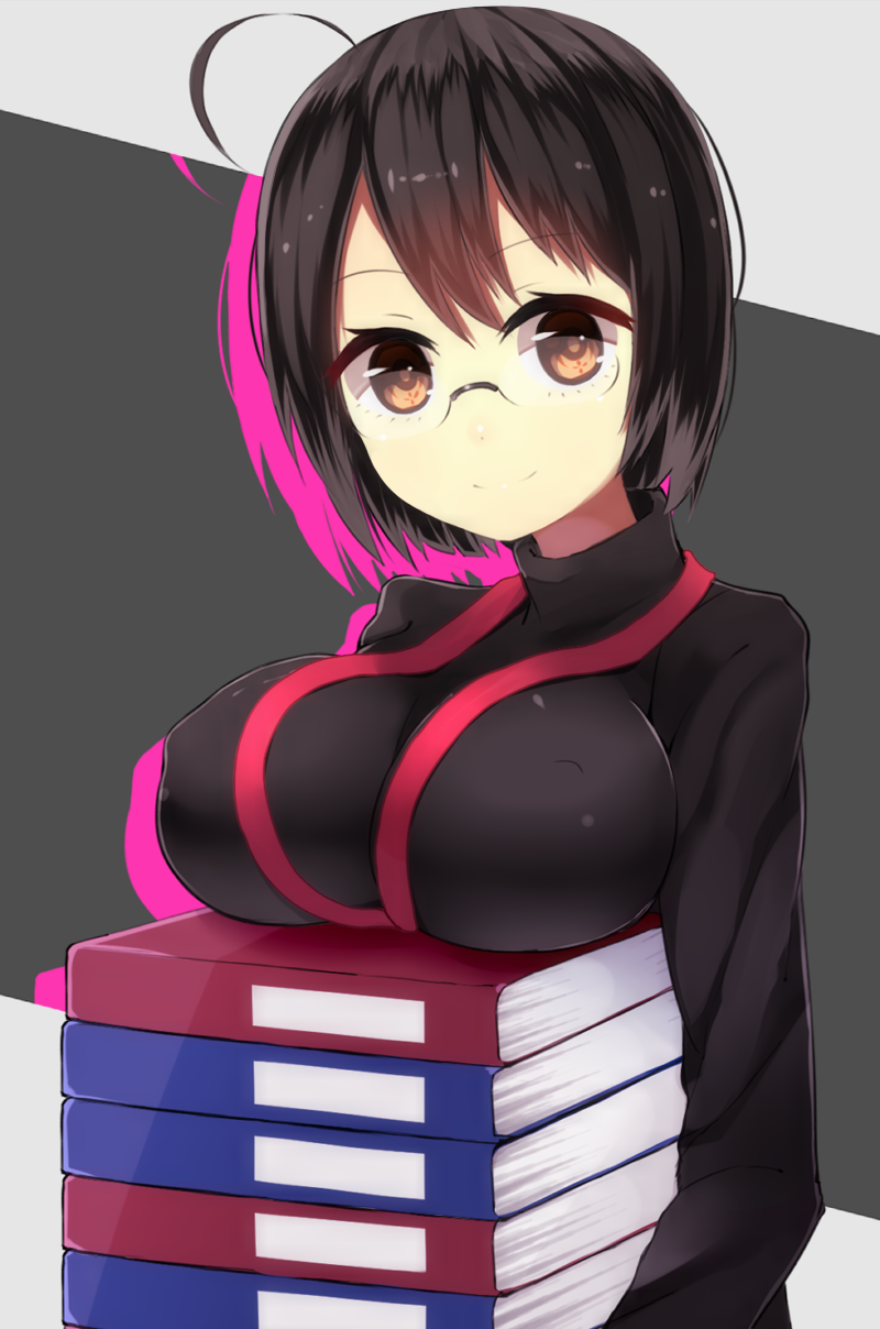 ahoge black_hair book breast_rest breasts brown_eyes carried_breast_rest glasses highres holding holding_book lanyard large_breasts looking_at_viewer mori_burin servant_x_service short_hair simple_background smile solo sweater upper_body yamagami_lucy