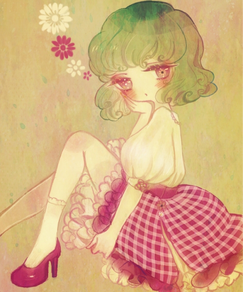 blush dress flower green_hair hand_on_own_face kazami_yuuka looking_at_viewer red_eyes short_hair simple_background solo touhou wavy_hair yujup