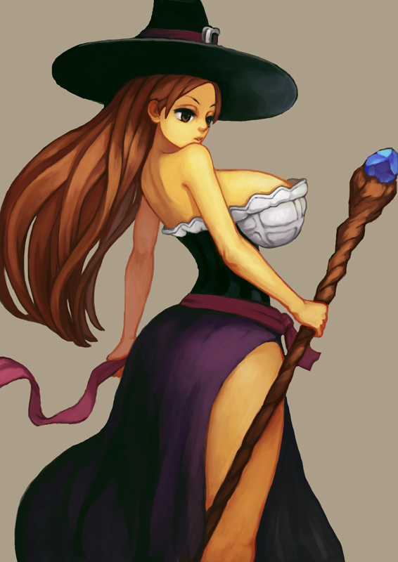 bare_shoulders breasts brown_hair david_xu detached_sleeves dragon's_crown dress from_side hat huge_breasts long_hair side_slit sideboob solo sorceress_(dragon's_crown) strapless strapless_dress witch_hat