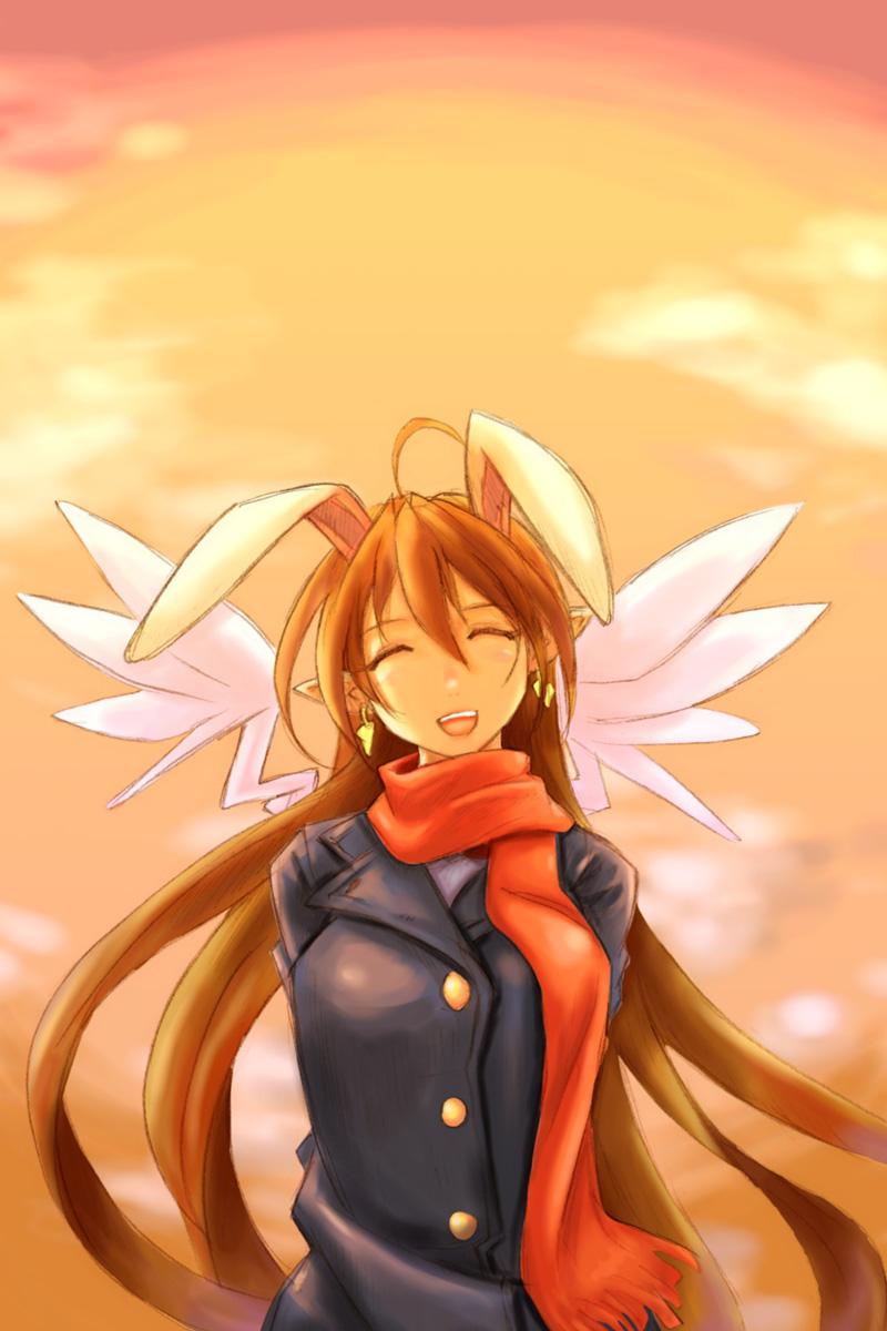 animal_ears arms_behind_back breasts brown_hair bunny_ears closed_eyes facing_viewer highres long_hair medium_breasts noname_(nowhere) open_mouth original rumi_(netyhobby) scarf smile solo very_long_hair wings