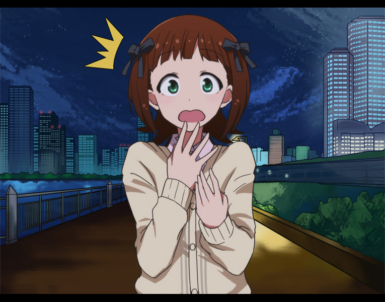 1girl amami_haruka blush brown_hair cityscape d: green_eyes idolmaster idolmaster_(classic) kidachi letterboxed looking_at_viewer night open_mouth short_hair solo
