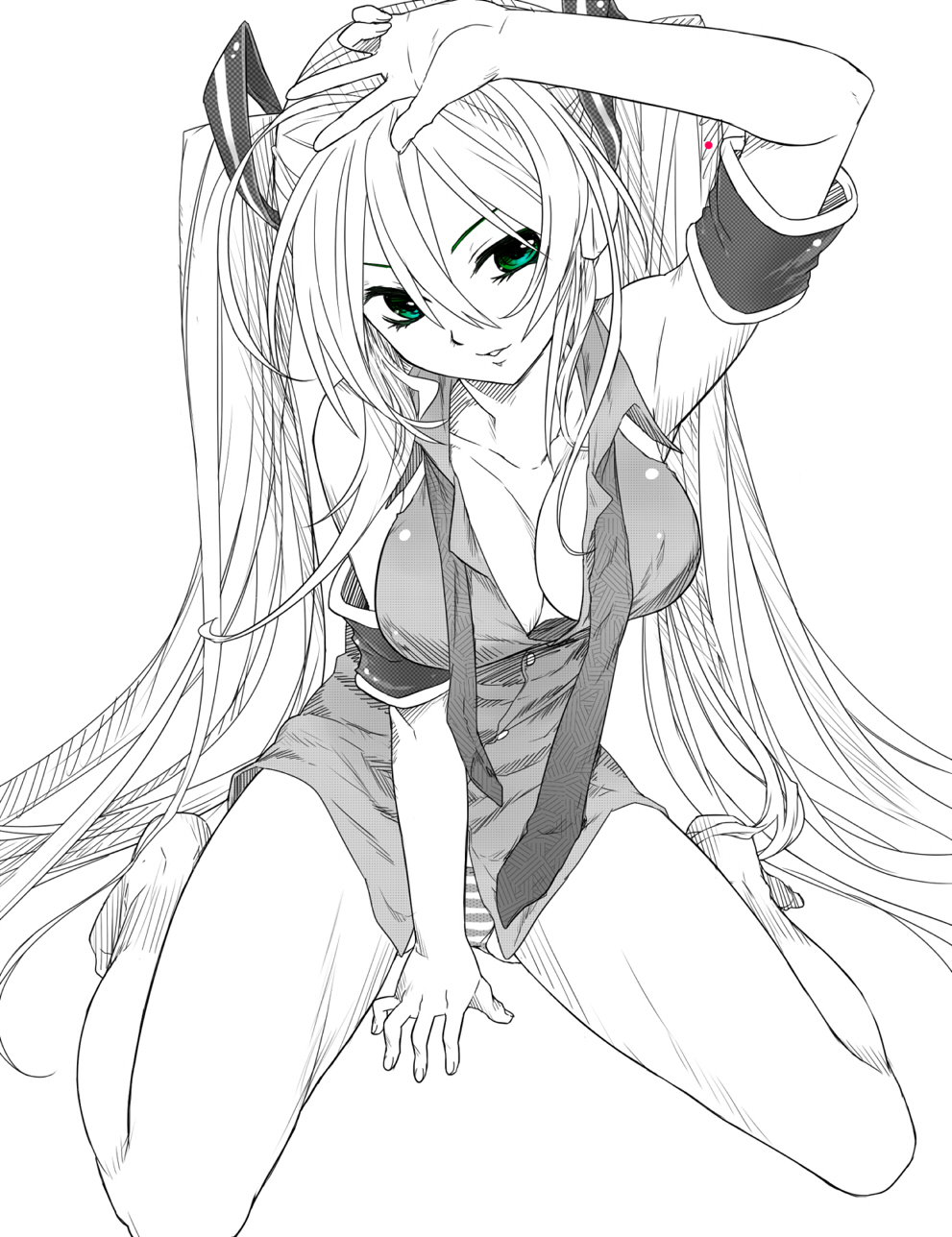 arm_support arm_up armband breasts green_eyes greyscale hatsune_miku highres long_hair medium_breasts monochrome no_pants panties sasaki_shou sitting solo striped striped_panties twintails underwear very_long_hair vocaloid