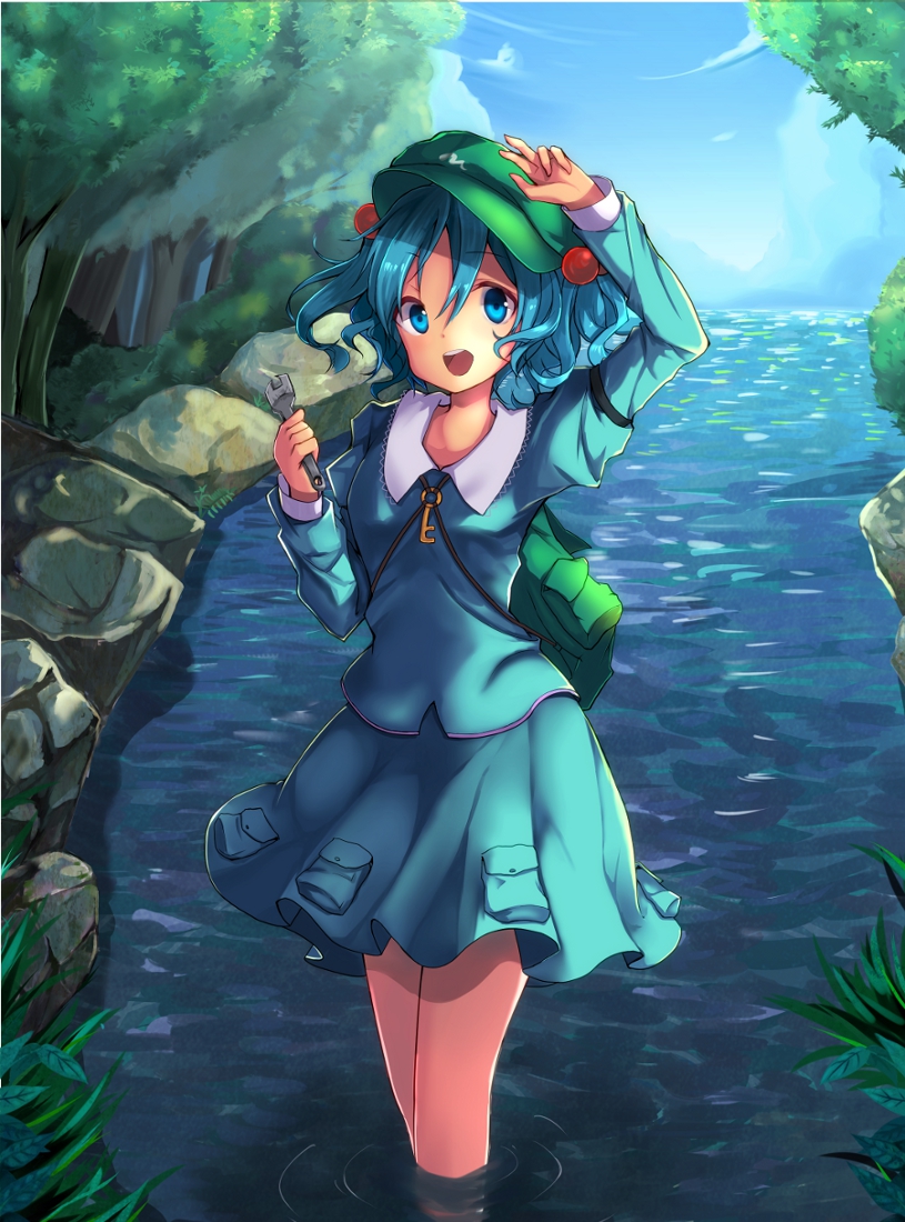 backpack bad_id bad_pixiv_id bag blue_eyes blue_hair blue_sky cloud combination_wrench day furapechi grass hair_bobbles hair_ornament hat kawashiro_nitori key long_sleeves open_mouth outdoors river short_hair skirt skirt_set sky smile solo touhou tree two_side_up water wrench