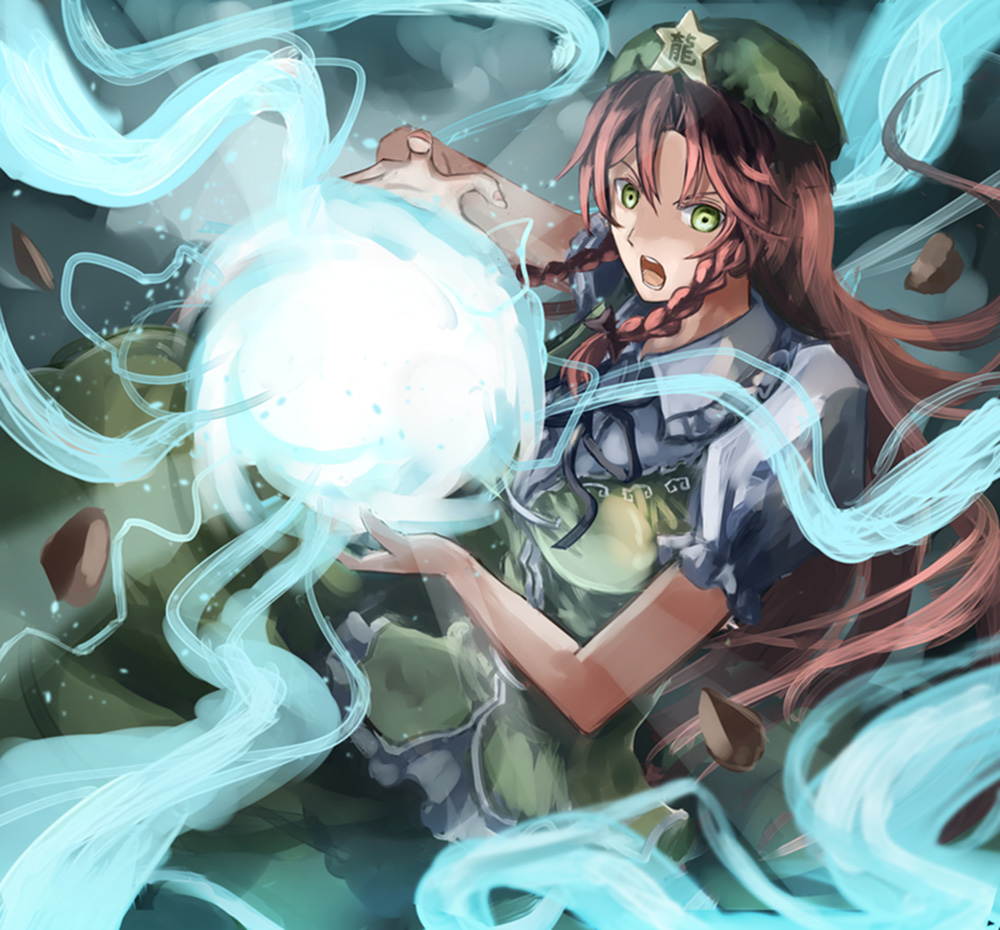 braid dress energy_ball glowing glowing_eyes green_eyes hair_ribbon hat hong_meiling long_hair open_mouth red_hair ribbon solo star touhou twin_braids uutan_(shibainu_kakumei)