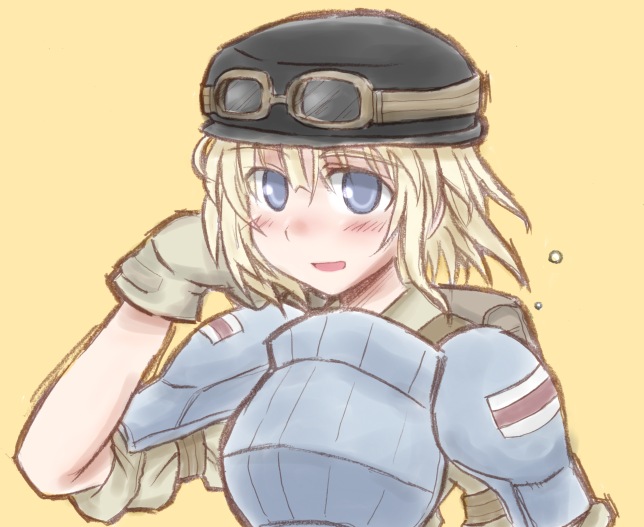 blue_eyes blush cecilia_glinda_miles gloves goggles hat shirt short_hair strike_witches witches_of_africa