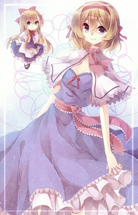 alice_margatroid apron bad_id bad_pixiv_id blonde_hair blue_eyes bow breasts capelet choker cleavage doll dress hair_bow hairband long_hair long_sleeves medium_breasts miiko_(somnolent) ribbon sash shanghai_doll short_hair short_sleeves smile string touhou