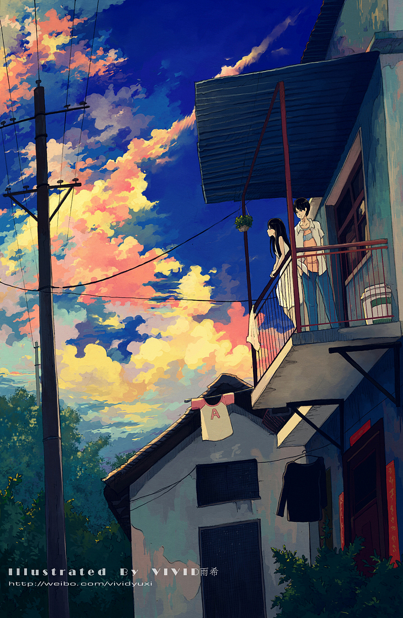 1girl artist_name balcony black_eyes black_hair cloud highres house laundry long_hair original plant potted_plant power_lines raglan_sleeves sky telephone_pole tree vividyuxi watermark web_address