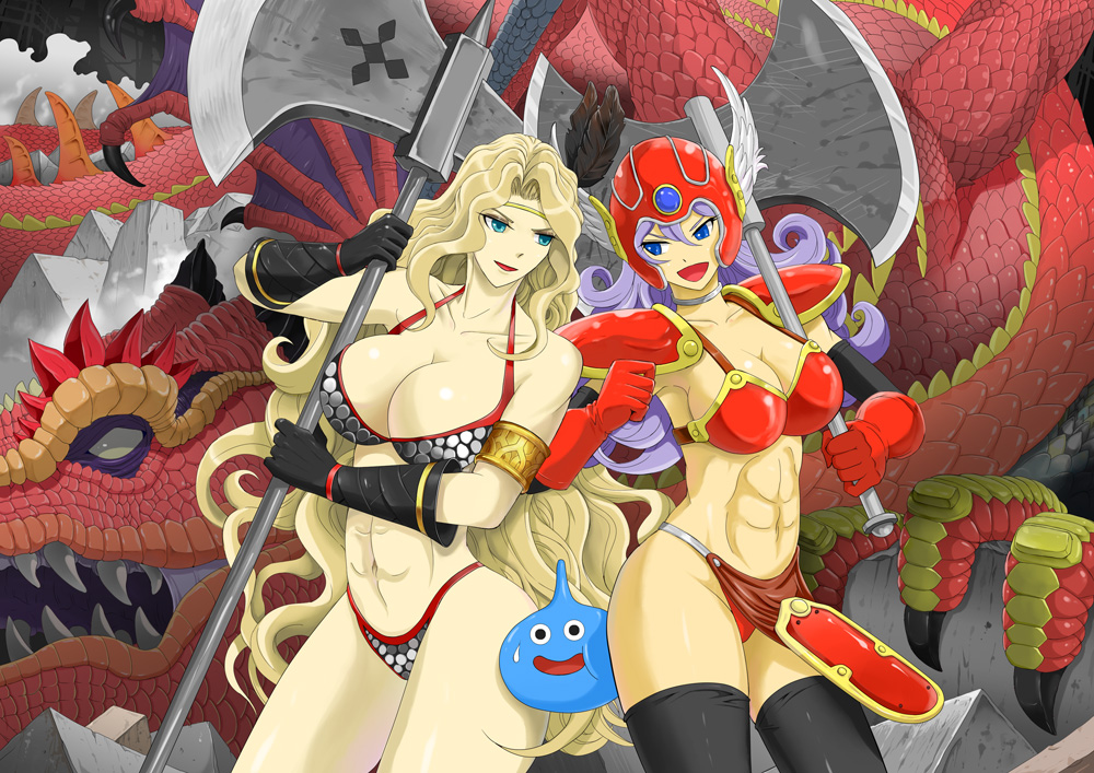 abs amazon_(dragon's_crown) armor axe bikini_armor blue_eyes breasts cleavage commentary_request dragon dragon's_crown dragon_quest dragon_quest_iii gloves helmet large_breasts long_hair multiple_girls muscle muscular_female navel purple_hair slime_(dragon_quest) soldier_(dq3) weapon