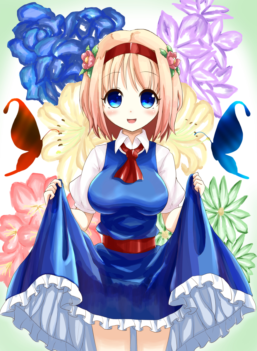 alice_margatroid bad_id bad_pixiv_id blonde_hair blue_eyes bug butterfly capelet dress dress_shirt flower hairband highres insect open_mouth ribbon shirt short_hair short_sleeves smile solo touhou yon_(44jun)