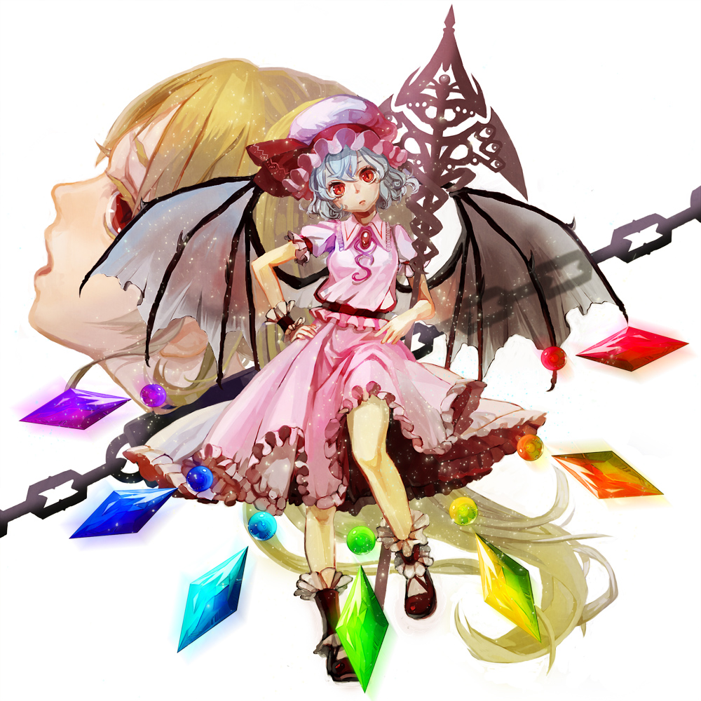ankle_cuffs bat_wings blonde_hair blue_hair bow chain crystal dress flandre_scarlet hands_on_hips hat hat_bow head_tilt jewelry long_hair mob_cap multiple_girls nokuran polearm red_eyes remilia_scarlet short_hair side_ponytail slit_pupils solo_focus spear spear_the_gungnir touhou weapon wings wrist_cuffs