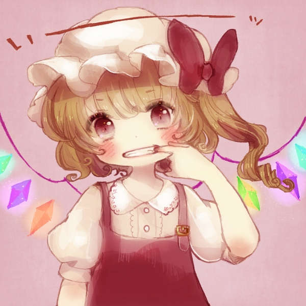blonde_hair blush crystal dress finger_in_mouth flandre_scarlet hat looking_at_viewer mob_cap ponytail red_dress red_eyes ribbon shirt short_hair side_ponytail simple_background solo touhou wings yujup