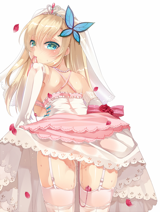 blonde_hair blush boku_wa_tomodachi_ga_sukunai breasts bug butterfly butterfly_hair_ornament dress elbow_gloves garter_straps gloves green_eyes hair_ornament heart heart-shaped_pupils insect jewelry kashiwazaki_sena long_hair looking_at_viewer medium_breasts mouth_hold mvv pussy_juice shiny shiny_skin sideboob solo sweat symbol-shaped_pupils thighhighs veil vibrator_under_clothes wedding_dress white_gloves white_legwear