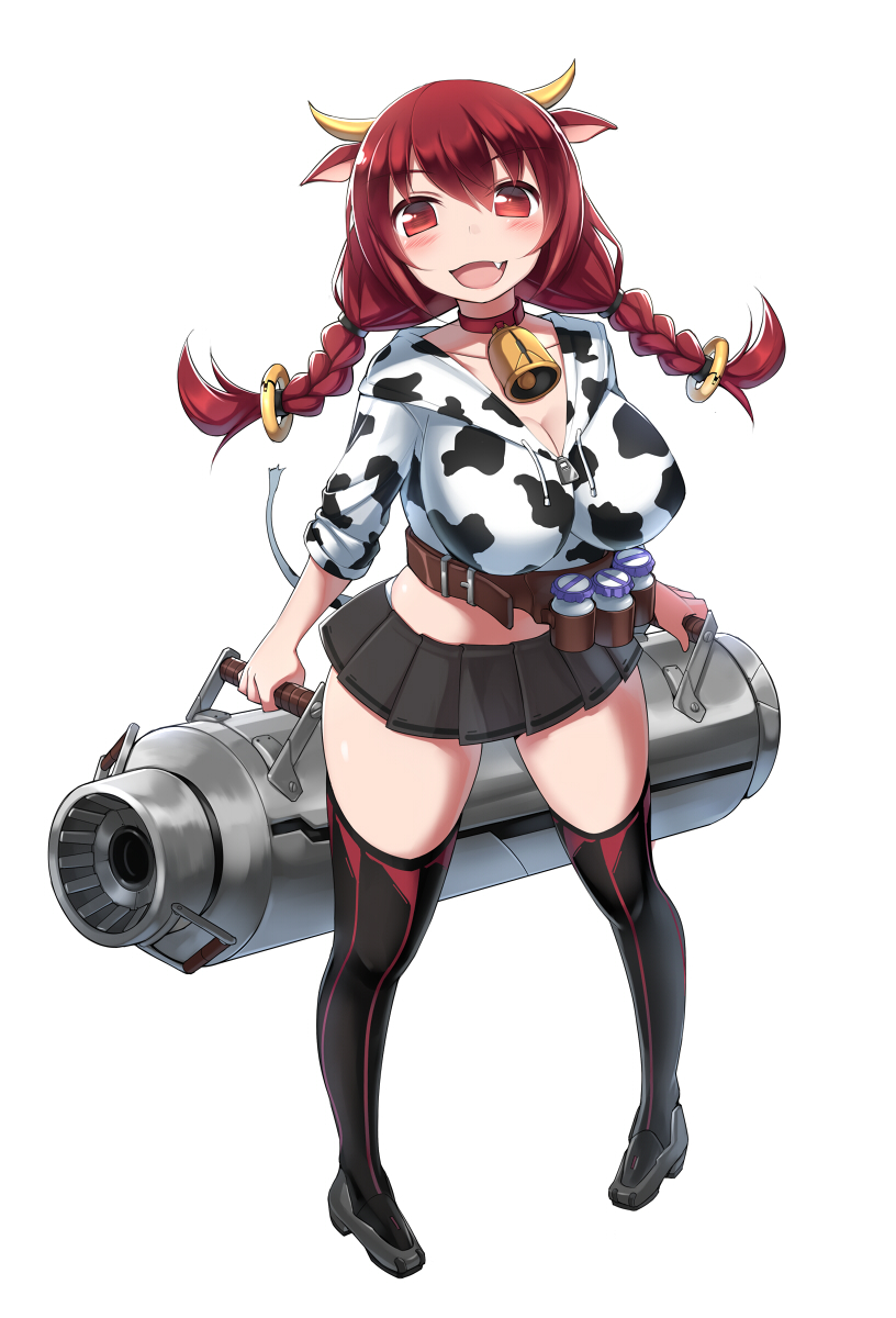 animal_ears animal_print bell bell_collar belt black_legwear blush boots bottle braid breasts canister cleavage collar cow_bell cow_ears cow_girl cow_print cow_tail fang highres horns large_breasts long_hair looking_at_viewer milk_bottle original pigeon-toed red_eyes red_hair simple_background skirt solo tail thigh_boots thighhighs twin_braids white_background zenn zettai_ryouiki
