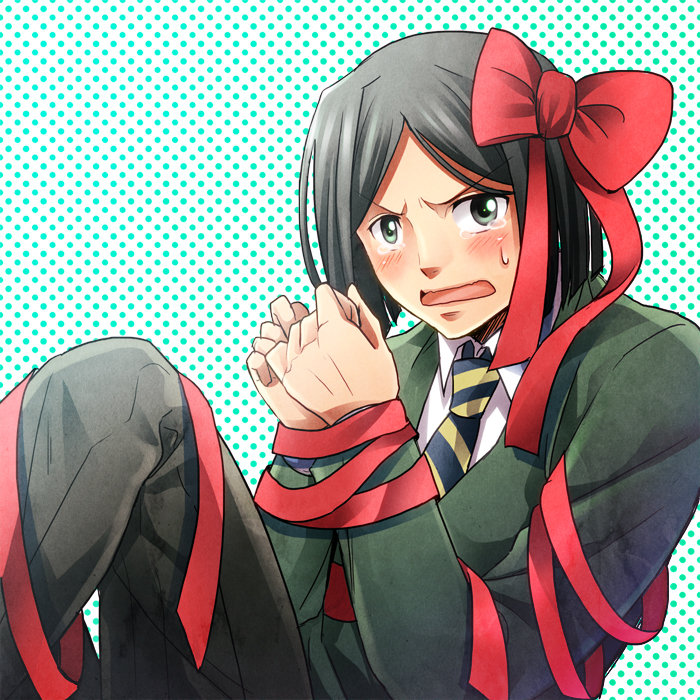 black_hair blush bound fate/zero fate_(series) green_eyes holiday-jin male_focus ribbon solo sweatdrop tears tied_up waver_velvet