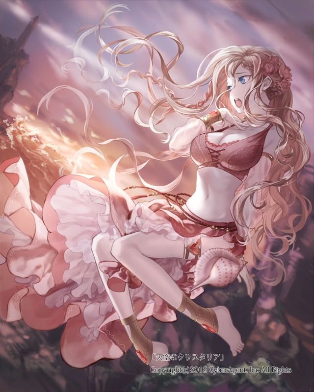 barefoot blonde_hair blue_eyes bra breasts cleavage detached_sleeves flower hair_flower hair_ornament hand_on_own_chest large_breasts lighthouse long_hair midriff navel open_mouth shell sitting sky solo sunset tenkuu_no_crystalia toeless_legwear underwear ushi_(newrein) water watermark wind