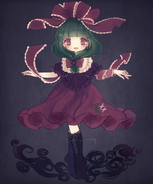 blush boots bow cross-laced_footwear crossed_legs frills front_ponytail green_eyes green_hair grey_background hair_bow hair_ribbon kagiyama_hina long_hair open_mouth outstretched_arms red_eyes ribbon sitting skirt smile solo touhou yujup