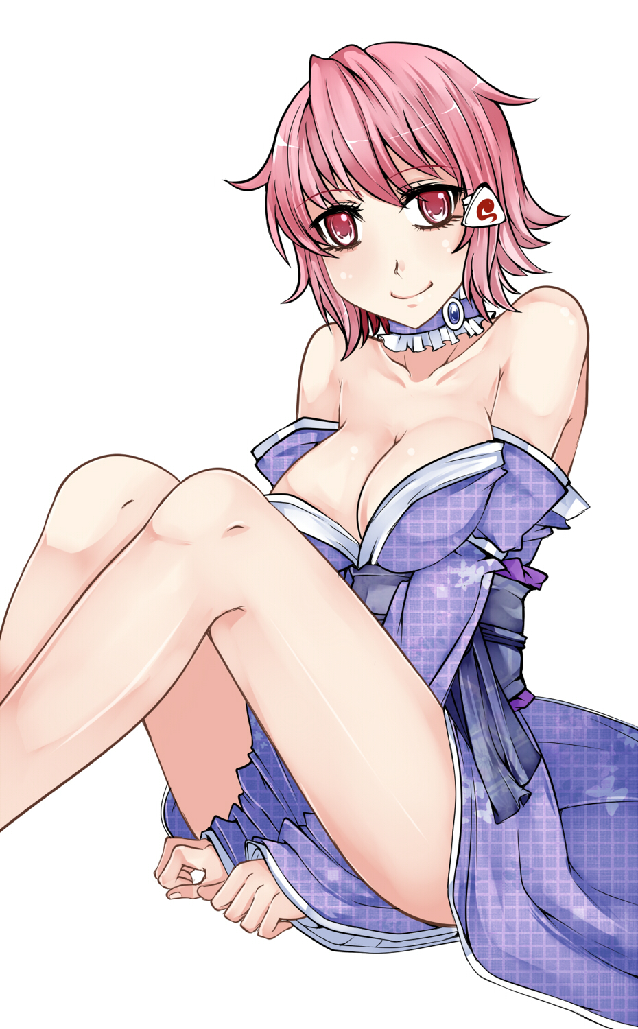 aoshima bare_shoulders blush breasts cleavage detached_collar highres japanese_clothes kimono large_breasts looking_at_viewer pink_eyes pink_hair saigyouji_yuyuko short_hair simple_background sitting smile solo touhou white_background