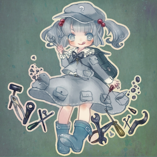 adjustable_wrench blue_eyes blue_hair blush boots hair_bobbles hair_ornament hat kawashiro_nitori long_sleeves pocket screw screwdriver short_hair skirt smile solo touhou two_side_up wrench yujup