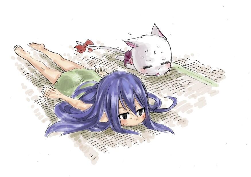 blue_hair charle_(fairy_tail) fairy_tail lying mashima_hiro official_art sweat wendy_marvell
