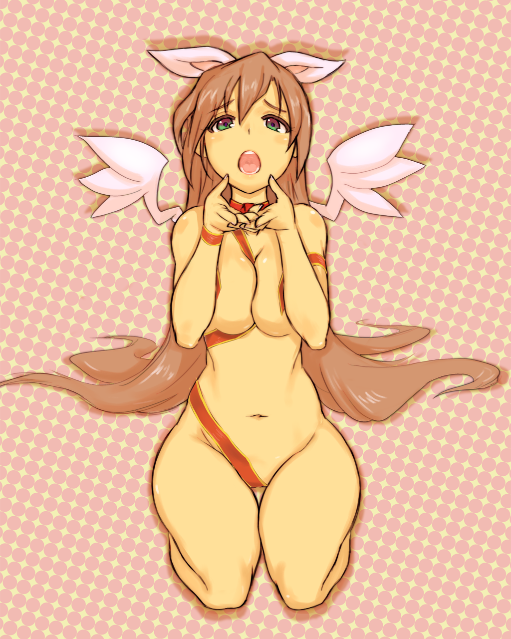 animal_ears breast_squeeze breasts brown_hair bunny_ears green_eyes highres long_hair medium_breasts naked_ribbon noname_(nowhere) open_mouth original ribbon rumi_(netyhobby) seiza sitting solo very_long_hair wings