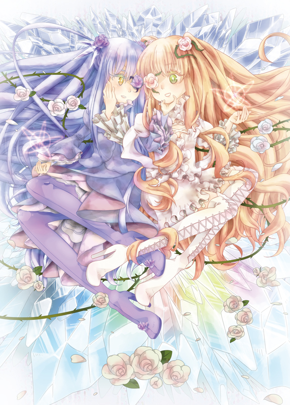 bad_id bad_pixiv_id barasuishou blonde_hair boots cross-laced_footwear crystal dress eyepatch flower frills grin hand_on_another's_face kirakishou long_hair long_sleeves multiple_girls purple_hair rose rozen_maiden smile thigh_boots thighhighs thorns yellow_eyes