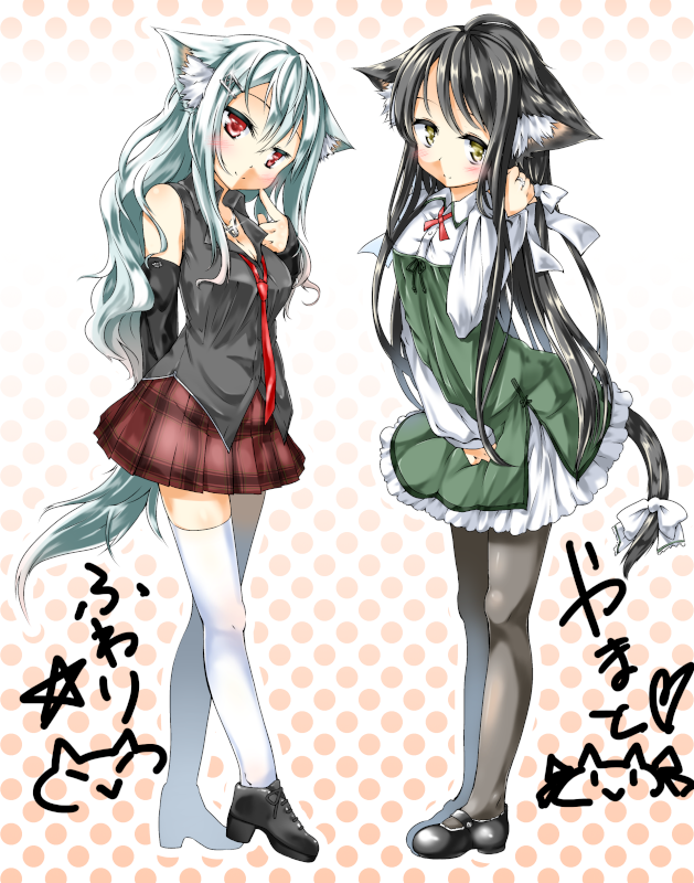 2011 2girls 6feather animal_ears black_hair black_legwear blush bow cat_ears cat_tail character_name detached_sleeves dress funeri green_dress hair_bow hair_ornament hair_ribbon hairpin jewelry long_hair looking_at_viewer multiple_girls necklace necktie original pantyhose pleated_skirt red_eyes ribbon ring shoes silver_hair simple_background skirt standing straight_hair tail tail_ribbon thighhighs translation_request very_long_hair white_legwear yamato_(6feather) yellow_eyes zettai_ryouiki