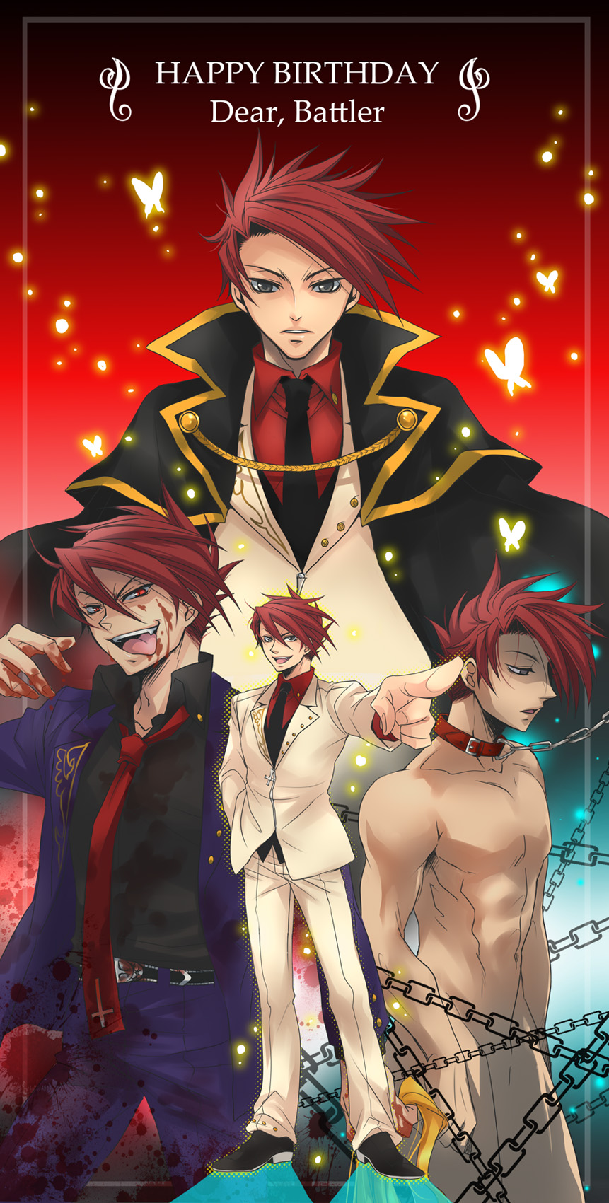 black_battler blood blood_on_face blood_on_fingers bug butterfly cape chain collar empty_eyes english fang formal grey_eyes hand_in_pocket happy_birthday highres insect md5_mismatch multiple_persona necktie nude open_mouth pointing red_eyes red_hair smile sousui_hani suit tongue tongue_out umineko_no_naku_koro_ni ushiromiya_battler