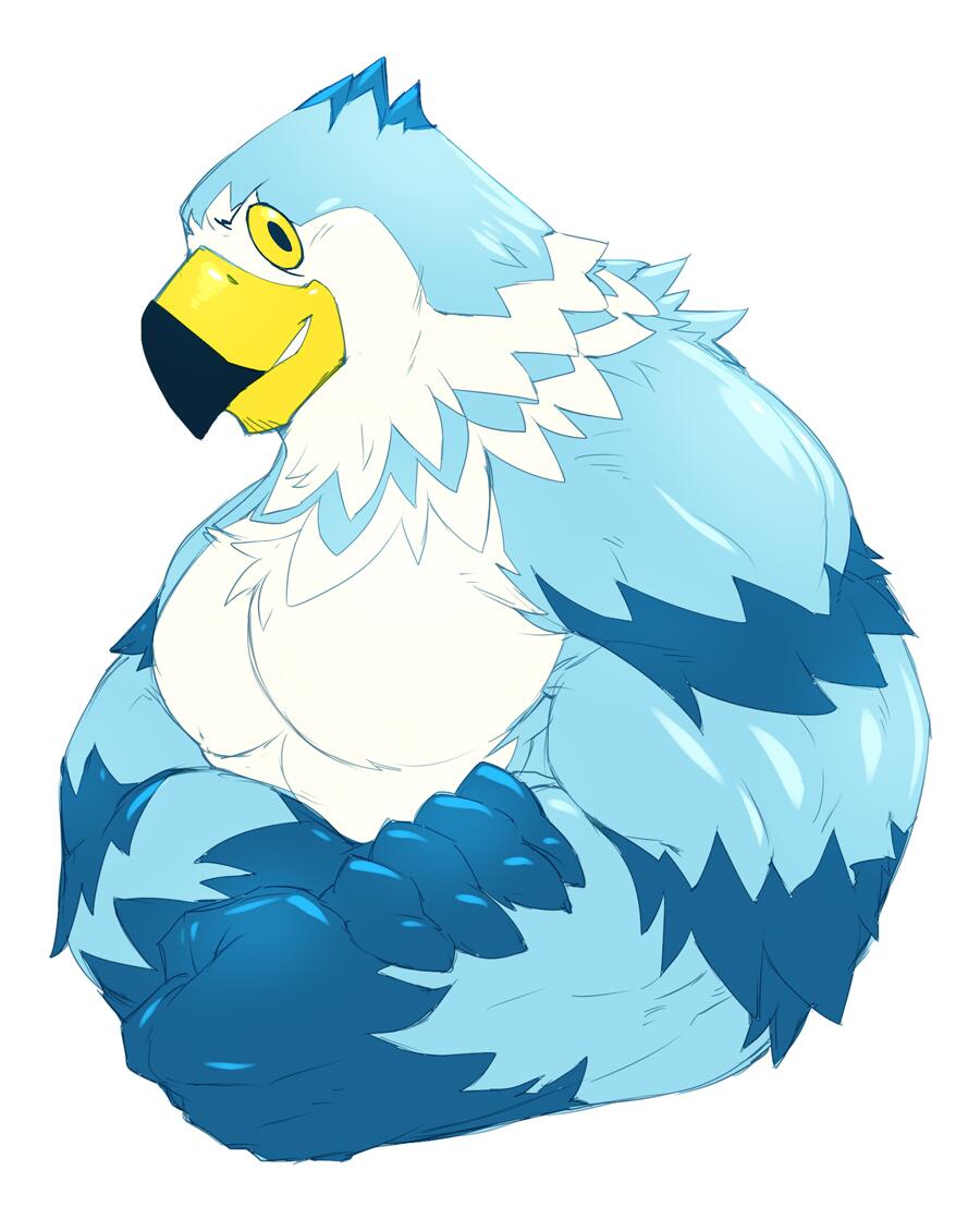 anthro avian beak biceps big_muscles bird blue_body eagle feathers grin kokuhane looking_at_viewer male muscles nintendo nude pecs pierce_(animal_crossing) plain_background pose smile solo teeth topless video_games white_background white_body yellow_eyes
