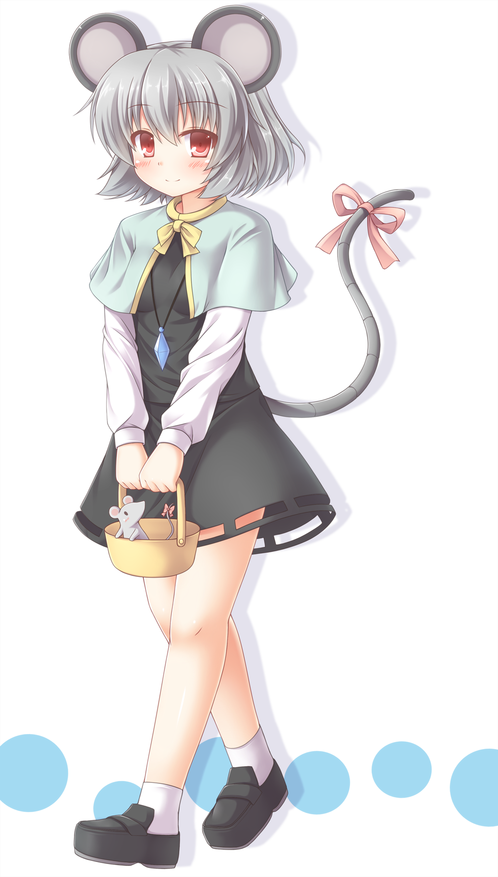 animal_ears basket blush capelet full_body grey_hair highres jewelry loafers mouse mouse_ears mouse_tail nazrin pendant red_eyes ribbon shoes short_hair simple_background skirt skirt_set smile solo tail tail_ribbon touhou white_background yuu_(yu0221f)